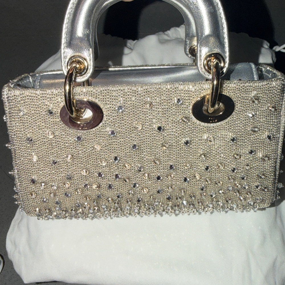 DIOR LADY D-JOY MICRO BAG SILVER-GOLD HW SATIN GRADIENT BEAD EMBROIDERY PRELOVED - Picture 12 of 13